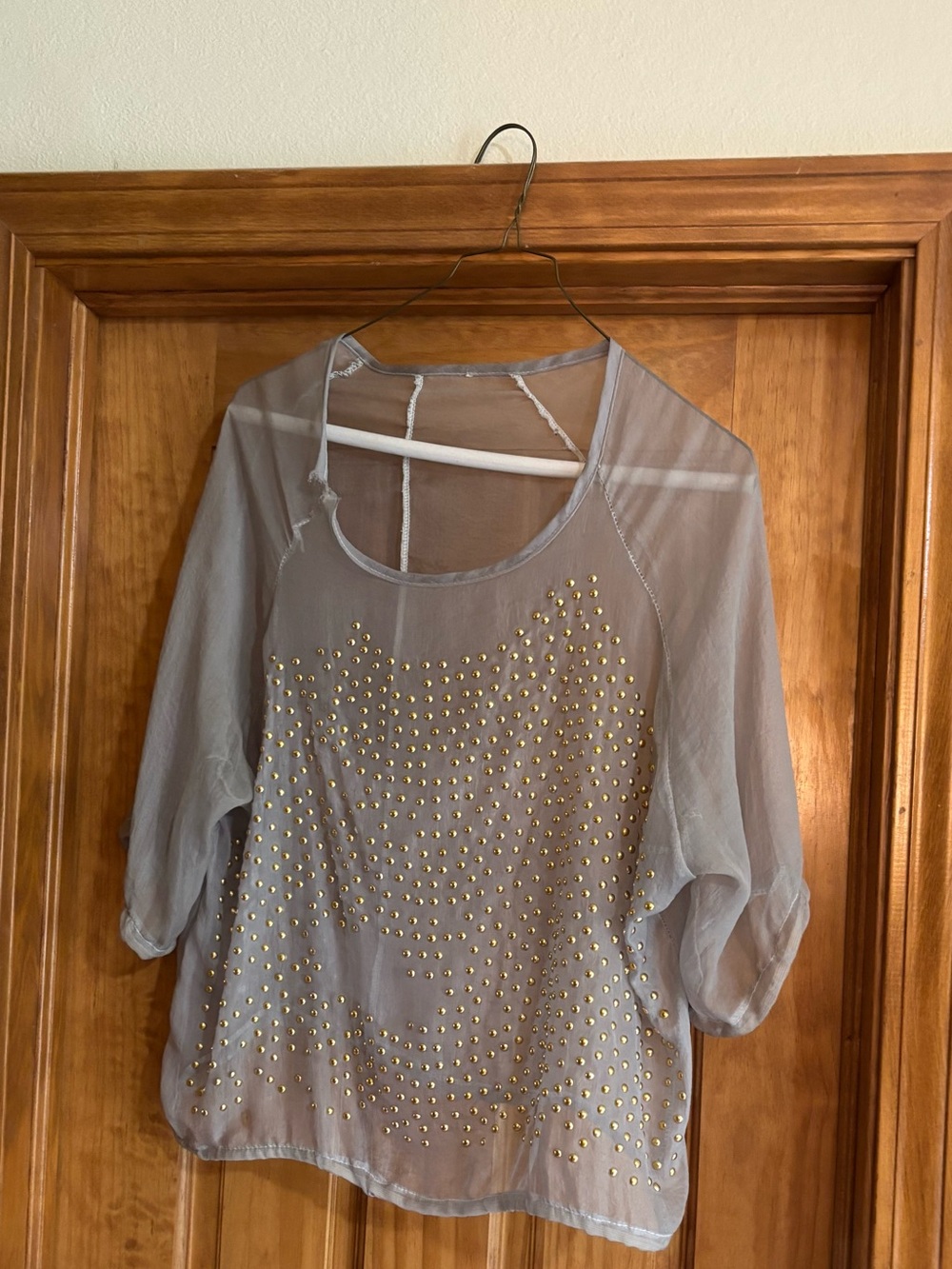 Sheer Gray Studded Women's Blouse - Lightweight Layering Top - Picture 4 of 11